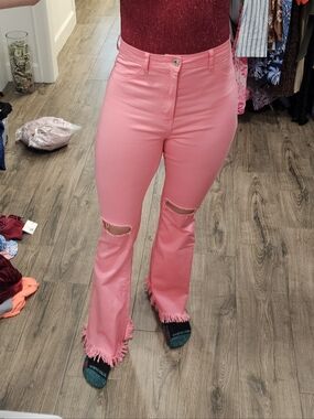 Pink Fringed Hem High-Rise Flare Jeans